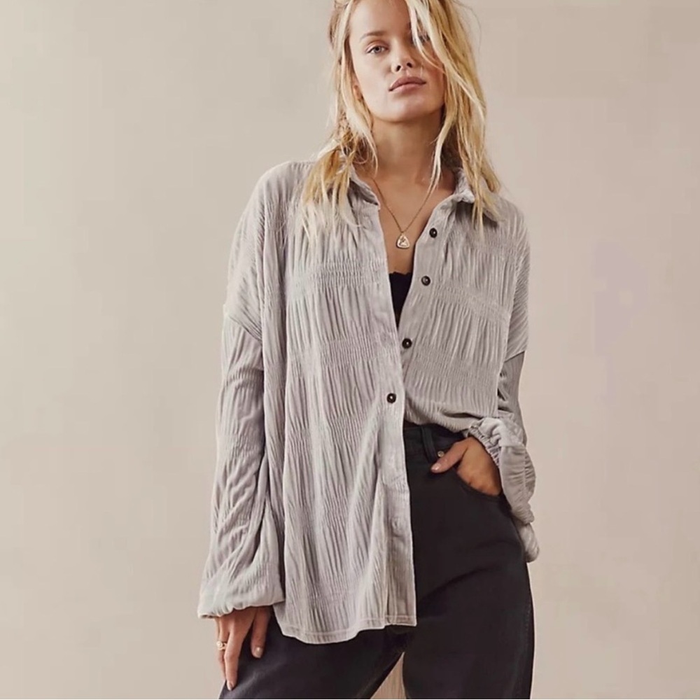 Free People My Best Top - Velvet Button Front Top in Winter Fog - Large